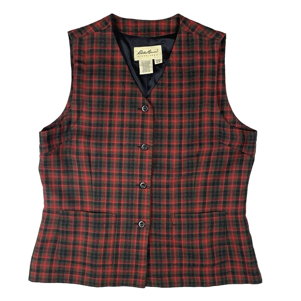 Vintage Eddie Bauer Womens M 100% Wool Plaid Vest Red Green Tartan Pockets USA